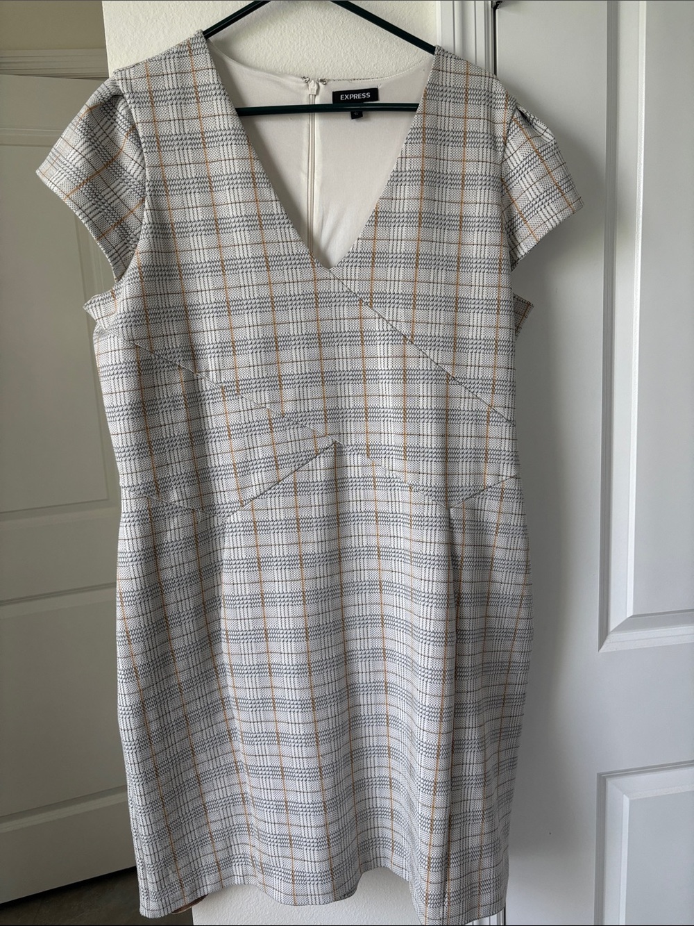Express Cream Plaid V-Neck Sheath Dress with Tan & Gray Lines